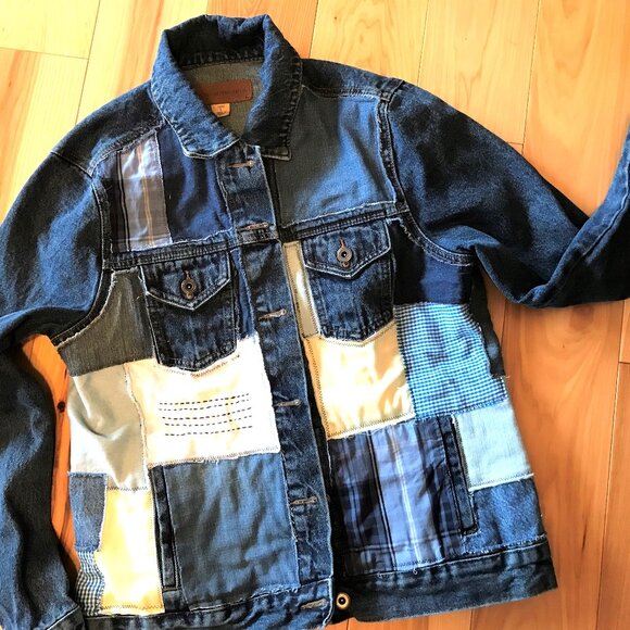 Upcycled Denim Patch Jacket: Lake Life Theme Patchwork Jean Coat, Women’s Large - Picture 2 of 12